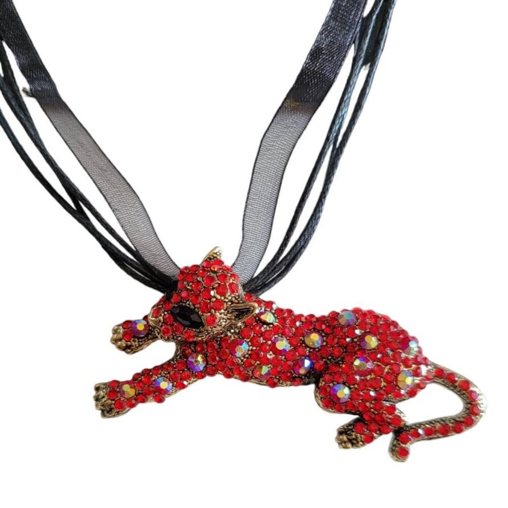 Red Round, Black Marquise, Iridescent Crystal Cat Panther Antiqued Gold Brooch